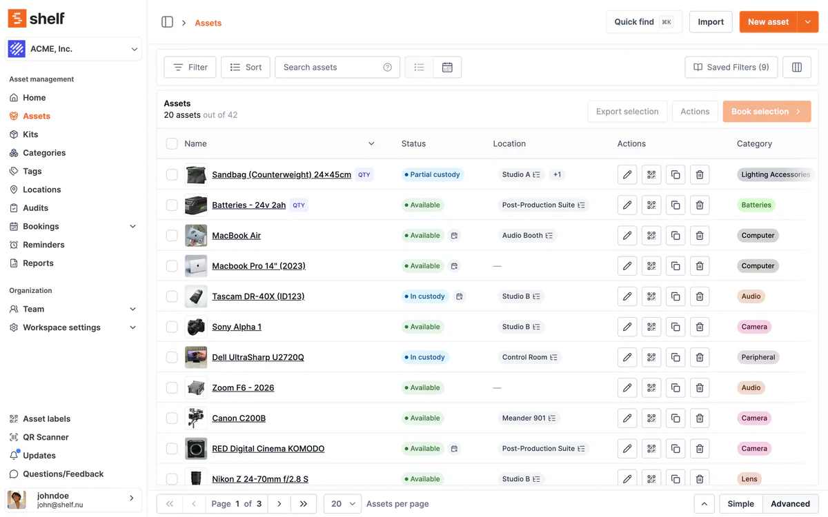 Shelf Asset Management — asset index with QR codes and labels