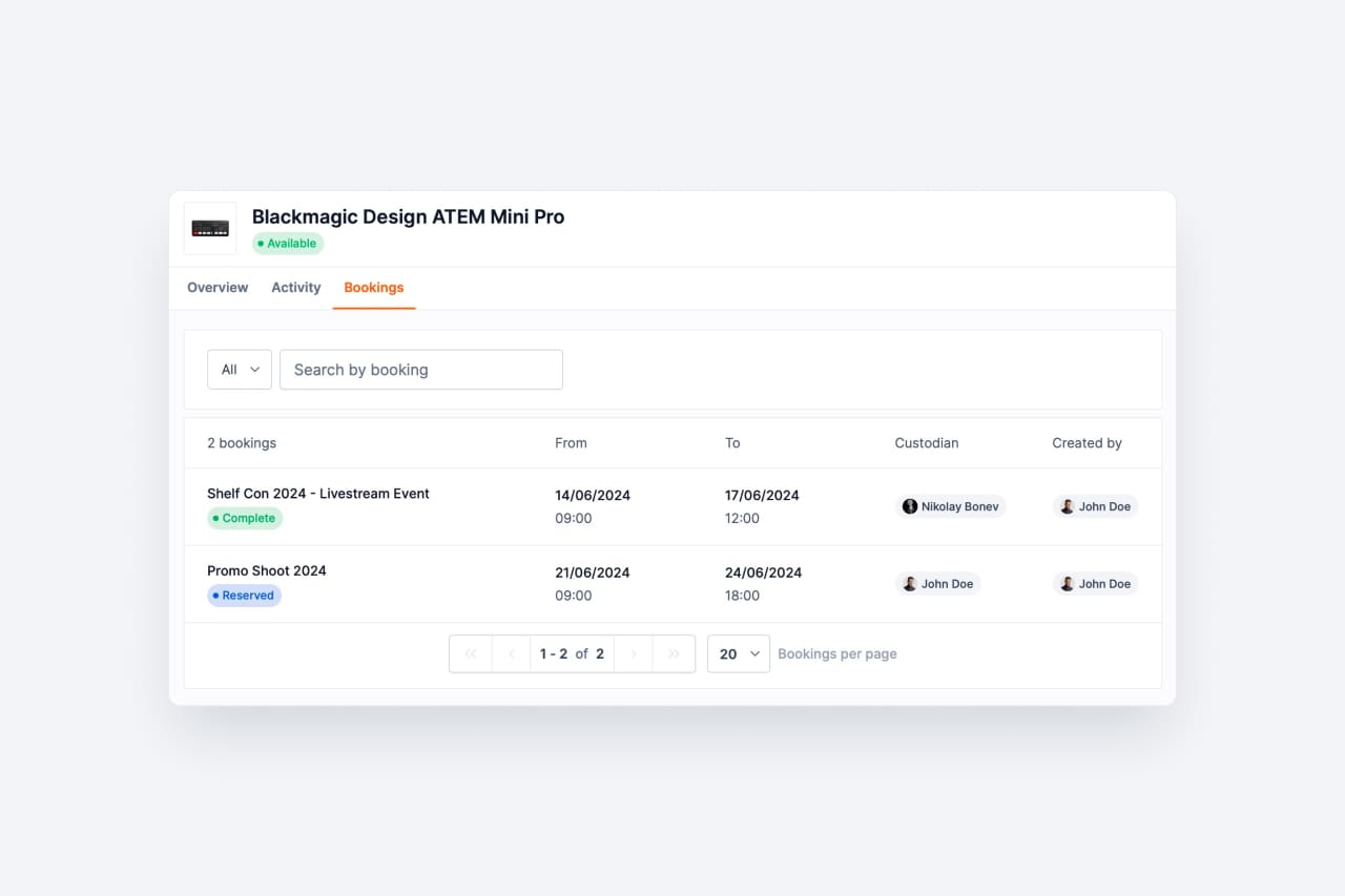 Bookings tab on asset page