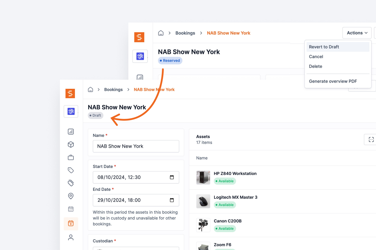 Revert bookings from Reserved state to Draft